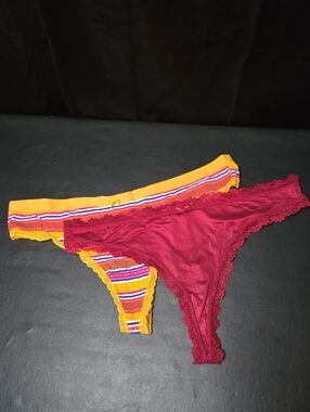 No Boundaries Yellow Striped & Burgundy Lace-Trim Bikini Bottoms - 2 Pack